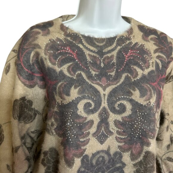 Simply Couture Brown Floral Beaded Front Long Sleeve Soft Sweater Top Size L - Picture 4 of 6